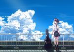  against_railing ahoge aiko_(aiko_54) bangs black_legwear blue_neckwear blue_sky breast_pocket brown_footwear brown_hair city closed_mouth cloud cloudy_sky commentary_request day guitar_case highres instrument_case kneehighs leaning_on_rail loafers looking_afar looking_to_the_side necktie original outdoors plaid plaid_skirt pleated_skirt pocket railing scenery school_uniform shoes skirt sky sleeves_rolled_up smile solo standing striped striped_neckwear sunlight 
