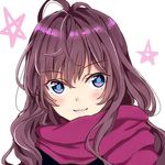  :3 bangs blue_eyes blush brown_hair closed_mouth commentary_request eyebrows_visible_through_hair hamu_(plot_sy) ichinose_shiki idolmaster idolmaster_cinderella_girls jpeg_artifacts long_hair looking_at_viewer purple_scarf scarf smile solo star starry_background upper_body wavy_hair 