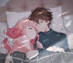  1girl bed bed_sheet blanket blush brown_hair closed_eyes commentary_request guilty_crown hair_ornament highres indoors long_hair lying on_side open_mouth ouma_shuu pajamas pink_hair shared_blanket short_hair sleeping twintails under_covers yukilus yuzuriha_inori 