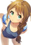  aqua_eyes baba_konomi blush braid breasts brown_hair commentary_request hair_flaps hair_over_shoulder highres idolmaster idolmaster_million_live! inflatable_armbands joey_koguma leaning_forward long_hair looking_at_viewer one-piece_swimsuit simple_background single_braid small_breasts solo swimsuit white_background 
