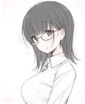  3: bad_id bad_pixiv_id bangs black_hair breasts brown_eyes closed_mouth eyebrows_visible_through_hair flying_sweatdrops from_side glasses grey_background large_breasts looking_at_viewer nekoume original simple_background sketch solo upper_body 