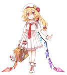  alternate_costume ankle_cuffs bag_charm beret blonde_hair blush bow briefcase character_doll charm_(object) crop_top cross-laced_footwear crystal flandre_scarlet full_body grin hair_bow hair_ribbon hat high-waist_skirt highres looking_at_viewer necktie pleated_skirt red_bow red_eyes red_neckwear remilia_scarlet ribbon sailor_collar shan shirt shoes short_sleeves side_ponytail simple_background skirt smile solo sticker touhou tress_ribbon white_background white_footwear white_hat white_shirt white_skirt wide_sleeves wings wrist_cuffs 