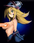 1girl blonde_hair breasts closed_mouth coldtrojan colored dark_magician_girl duel_monster from_side green_eyes hair_between_eyes helmet large_breasts long_hair metata open_clothes serious solo undressing upper_body yu-gi-oh! yuu-gi-ou_duel_monsters 