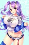  blue_legwear blush breasts covered_nipples demon_girl horns kinosaki_reisui large_breasts leviathan_(the_seven_deadly_sins) long_hair long_sleeves looking_at_viewer navel one_side_up open_mouth pointy_ears purple_hair raglan_sleeves red_eyes shirt short_shorts shorts solo striped t-shirt the_seven_deadly_sins thighhighs 
