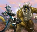  2017 5_fingers anthro armpits biceps big_breasts blue_eyes breasts butt claws clothed clothing dasa deathclaw detailed_background fallout female fight fish fur glowing glowing_eyes hair hi_res huge_breasts link2004 male male/female mammal marine muscular muscular_male nika_sharkeh outside ranged_weapon shark teeth video_games weapon white_hair 