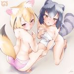  anho animal_ears ass back blush breasts brown_eyes butt_crack cleavage closed_mouth common_raccoon_(kemono_friends) covering covering_breasts fennec_(kemono_friends) finger_to_mouth fox_ears fox_tail gradient_hair groin half-closed_eyes hand_on_another's_leg japari_symbol kemono_friends kneeling looking_at_viewer multicolored_hair multiple_girls nude_cover open_mouth panties pink_panties raccoon_ears raccoon_tail short_hair simple_background smile squatting tail topless towel underwear underwear_only wet white_background 