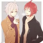  +++ 2boys :d :p ^_^ ahoge black_coat brown_coat closed_eyes coat coffee_cup cup disposable_cup eyes_closed grey_background grey_hair hazuki_natsu holding holding_cup idolish_7 kujou_tenn male_focus multiple_boys nanase_riku open_mouth pink_eyes red_hair red_sweater ribbed_sweater simple_background smile sweatdrop sweater tongue tongue_out translation_request turtleneck turtleneck_sweater twitter_username upper_body white_sweater 