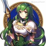  armor breastplate fire_emblem fire_emblem:_seisen_no_keifu fury_(fire_emblem) gloves green_eyes green_gloves green_hair long_hair lowres masaru.jp pauldrons polearm solo spear twitter_username upper_body weapon 