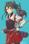  alternate_hairstyle arrow artist_name bad_id bad_pixiv_id black_legwear blue_background bow_(weapon) chou-10cm-hou-chan_(hatsuzuki's) green_eyes grey_hair hakama highres holding holding_bow_(weapon) holding_weapon japanese_clothes kantai_collection long_hair muneate nontraditional_miko red_hakama remodel_(kantai_collection) retorillo short_sleeves simple_background solo tasuki two_side_up weapon zuikaku_(kantai_collection) 
