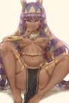  absurdres animal_ears bad_id bad_twitter_id barefoot bracelet breasts breasts_apart bunny_ears dark_skin eyebrows_visible_through_hair fate/grand_order fate_(series) hair_ornament hairband hand_to_own_mouth highres jewelry leaning_back long_hair looking_at_viewer medium_breasts navel nitocris_(fate/grand_order) pelvic_curtain purple_eyes purple_hair sidelocks simple_background sitting smile solo tattoo thighlet underboob very_long_hair yellow_background yohan1754 
