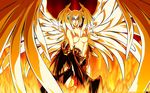  2girls asuka_ran bare_shoulders black_hair blonde_hair breasts demon_girl devilman devilman_lady female fire flame fudou_jun head_wings hug large_breasts long_hair monster_girl multiple_girls mutual_yuri nude smile wings yuri 