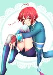  1boy ahoge boots gloves mao_(tales) red_eyes red_hair short_hair shorts smile tales_of_(series) tales_of_rebirth thighhighs 