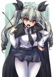  anchovy anzio_school_uniform blush breasts cape drill_hair girls_und_panzer hair_between_eyes long_hair looking_at_viewer medium_breasts miniskirt necktie pantyhose riding_crop school_uniform shinshin skirt solo translation_request twintails white_legwear 