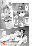  2girls after_sex anoni-chan blush breasts clitoris cum doujinshi english greyscale hetero highres manga_(object) monochrome multiple_girls nipples onomatopoeia open_mouth panties pantyshot patreon_logo patreon_username penis pussy school_uniform shirai_kuroko spread_legs standing sweat sweater_vest to_aru_kagaku_no_railgun to_aru_majutsu_no_index twintails underwear 