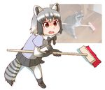  abekawa animal animal_ears black_hair broom commentary common_raccoon_(kemono_friends) derivative_work kemono_friends multicolored_hair open_mouth pantyhose photo photo-referenced raccoon_ears raccoon_tail reference_photo reference_photo_inset reference_work short_hair skirt tail 