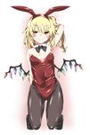  animal_ears arm_behind_head armpits bare_shoulders black_bow black_footwear black_legwear black_neckwear blonde_hair bow bowtie breasts bunny_ears bunnysuit cleavage covered_navel detached_collar fake_animal_ears flandre_scarlet full_body highres kneeling kz_oji leotard long_hair looking_at_viewer pantyhose red_eyes red_leotard shiny shiny_clothes shoes side_ponytail small_breasts solo touhou wings 