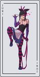  1girl alice_(wonderland)_(cosplay) alice_in_wonderland apron bare_shoulders black_hair breasts capcom choker cleavage elbow_gloves full_body han_juri looking_at_viewer medium_breasts purple_eyes solo street_fighter street_fighter_v striped striped_legwear striped_sleeves tea thighhighs tongue tongue_out twin_drills twintails 