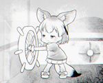  animal animal_ears boat bow bowtie chromatic_aberration extra_ears fennec_(kemono_friends) fox_ears fox_tail gloves greyscale kemono_friends monochrome oomiya_yuu parody ship ship's_wheel short_hair short_sleeves skirt smile solo steamboat_willie steering_wheel tail watercraft 