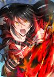  1girl belt black_hair boots breasts cleavage coat long_hair looking_at_viewer medium_breasts open_mouth short_shorts shorts solo tales_of_(series) tales_of_berseria velvet_crowe yellow_eyes 