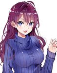  :3 :d antenna_hair bangs blue_eyes breasts commentary_request hair_between_eyes hamu_(plot_sy) hand_up highres ichinose_shiki idolmaster idolmaster_cinderella_girls long_hair looking_at_viewer medium_breasts open_mouth purple_hair ribbed_sweater simple_background smile solo sweater turtleneck turtleneck_sweater upper_body wavy_hair white_background 