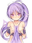  arm_strap between_breasts breasts copyright_request eyebrows_visible_through_hair fingerless_gloves gloves hair_between_eyes hair_ribbon kurasuke long_hair looking_at_viewer nipples ponytail purple_gloves purple_hair ribbon self_fondle simple_background sketch small_breasts solo white_background 