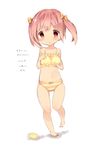  bad_anatomy blush bow bra chibi eyebrows_visible_through_hair hair_bow highres looking_at_viewer navel open_mouth orange_bow original panties pink_eyes pink_hair pink_panties sencha_(senta_10) short_hair solo striped striped_panties translated twintails underwear yellow_bow yellow_bra yellow_panties 