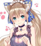  animal_ears bangs blonde_hair blue_bow blue_eyes blush bow bra breasts cat_cutout cat_day cat_ears cat_lingerie choker cleavage cleavage_cutout closed_mouth commentary_request error frilled_bra frills hair_between_eyes hair_bow hamu_(plot_sy) hands_up light_smile long_hair looking_at_viewer medium_breasts meme_attire paw_background ponytail sheet_music shironeko_project smile solo underwear very_long_hair 