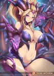  1girl blonde_hair breasts dragon highres large_breasts league_of_legends long_hair navel purple_eyes solo stomach thighs watermark zyra 