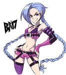  1girl absurdly_long_hair ammunition ammunition_belt arm_strap arm_tattoo asymmetrical_gloves bare_shoulders belt belt_buckle bigdead93 bikini_top blue_hair braid breasts buckle bullet bullet_necklace cleavage elbow_gloves fingerless_gloves gloves grin jinx_(league_of_legends) league_of_legends long_hair looking_at_viewer medium_breasts mismatched_gloves nail_polish necklace pink_legwear purple_eyes short_shorts shorts single_thighhigh smile solo stomach_tattoo tattoo thigh_strap thighhighs twin_braids very_long_hair 