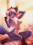  5_fingers anthro armpits beast_(disambiguation) black_nose blue_fur canine clothed clothing eyelashes female fur hair imanika looking_at_viewer mammal midriff navel nipples pink_hair sitting smile solo translucent transparent_clothing wide_hips 