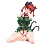  animal_ears bangs bare_shoulders bdsm blunt_bangs blush bondage bound bow bowtie braid breasts cat_ears cat_tail dress full_body green_dress hair_bow head_tilt kaenbyou_rin kneeling large_breasts looking_at_viewer multiple_tails no_panties ootsuki_wataru partially_visible_vulva red_bow red_eyes red_hair red_neckwear shibari shibari_over_clothes solo spread_legs tail touhou transparent_background twin_braids two_tails 