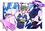  bandages blue_eyes child diamond_wa_kudakenai disembodied_limb green_eyes green_hair hands jojo_no_kimyou_na_bouken kishibe_rohan multiple_boys notebook pompadour purple_hair senbiki_(nonono69) shorts sugimoto_reimi younger 