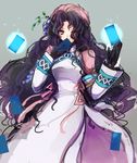  1girl black_hair card chinese_clothes gloves grey_background hair_ornament hat hilda_rhambling long_hair looking_at_viewer one_eye_closed purple_eyes smile solo tales_of_(series) tales_of_rebirth wink 