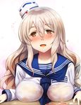  :d alternate_costume between_breasts blush breast_press breast_rest breasts brown_eyes covered_nipples cup drinking_glass drunk full-face_blush grey_hair hair_between_eyes hat highres kantai_collection large_breasts long_hair long_sleeves looking_at_viewer mini_hat neckerchief open_mouth pola_(kantai_collection) sailor_collar school_uniform see-through serafuku smile solo sorano_(12gou) spill thick_eyebrows uniform upper_body wavy_hair wine_glass 