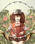  brown_hair closed_eyes collared_shirt commentary_request flower highres japanese_clothes kantai_collection kariginu kikumon long_hair long_sleeves magatama nanao_(aoyamahikari) open_mouth pleated_skirt ribbon ribbon-trimmed_sleeves ribbon_trim rose round_teeth ryuujou_(kantai_collection) shikigami shirt sitting skirt solo teeth tree twintails visor_cap 