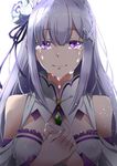  breasts crying crying_with_eyes_open detached_sleeves emilia_(re:zero) eyebrows_visible_through_hair flower hair_between_eyes hair_flower hair_ornament hair_ribbon hands_together long_hair looking_at_viewer medium_breasts pointy_ears purple_eyes purple_ribbon re:zero_kara_hajimeru_isekai_seikatsu ribbon silver_hair simple_background solo tears upper_body white_background white_flower yukichi_(mainitiiitenkidana07) 