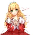  1girl blonde_hair claire_bennett dress flower green_eyes long_hair looking_at_viewer open_mouth ribbon smile solo tales_of_(series) tales_of_rebirth 