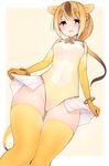  animal_ears bad_id bad_pixiv_id blonde_hair blush bracelet breasts circlet elbow_gloves from_below gloves golden_snub-nosed_monkey_(kemono_friends) high_ponytail jewelry kemono_friends leotard long_hair looking_at_viewer looking_down medium_breasts monkey_ears monkey_tail multicolored_hair nekoume ponytail simple_background skirt smile solo tail thighhighs yellow_leotard 