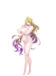  1girl aoi_nagisa_(artist) aoi_nagisa_(metalder) areolae blonde_hair blush breast_hold breasts cleavage elf erect_nipples finger_to_mouth full_body huge_breasts long_hair misery_stentrem navel nude open_mouth pointy_ears red_eyes simple_background solo standing very_long_hair white_background white_skin youkoso!_sukebe_elf_no_mori_he 