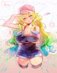  baseball_cap blonde_hair blue_hair blush breasts cleavage collarbone denim denim_shorts dragon_girl eyebrows_visible_through_hair green_hair hat horn horns huge_breasts kobayashi-san_chi_no_maidragon lapia large_breasts long_hair looking_at_viewer monster_girl multicolored multicolored_eyes multicolored_hair one_eye_closed quetzalcoatl_(maidragon) red_hat shirt short_shorts shorts smile solo tank_top 