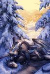  ambiguous_gender blue_eyes claws day detailed_background digital_media_(artwork) dragon duo feral horn membranous_wings outside smile snow tamberella wings 