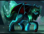  black_bars blue_fur brown_eyes claws fan_character feral fur green_hair hair hooves hybrid membranous_wings my_little_pony night solo standing tai_lung_(artist) wings 