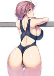 ass back_cutout bare_shoulders blue_eyes breasts commentary_request competition_swimsuit curvy highres large_breasts looking_at_viewer looking_back masao one-piece_swimsuit one-piece_thong original parted_lips partially_visible_vulva pink_hair short_hair sideboob solo swimsuit thigh_gap thighs wedgie 