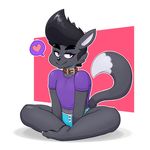 &lt;3 anthro black_fur black_hair black_nose canine claws clothed clothing collar cute fox fur hair looking_at_viewer male mammal phurcy purple_eyes shirt simple_background sitting smile solo toes underwear xingscourge 