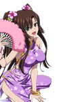  :d bracelet brown_hair china_dress chinese_clothes dress fan flower green_eyes hair_flower hair_ornament holding holding_fan jewelry kirasaka_sayaka long_hair looking_at_viewer one_knee open_mouth pink_flower purple_dress sleeveless sleeveless_dress smile solo strike_the_blood transparent_background twintails 