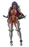  1girl aoi_nagisa_(artist) aoi_nagisa_(metalder) areolae armor armored_boots bikini_armor blue_hair blush boots breasts capelet dark_elf dark_skin delva_celebrian elf full_body gradient_hair highres huge_breasts long_hair multicolored_hair navel official_art open_mouth pointy_ears purple_hair serious shiny shiny_skin simple_background solo sword thigh_boots thighhighs weapon white_background yellow_eyes youkoso!_sukebe_elf_no_mori_he 