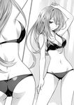  ;) arm_up ass bikini breasts cleavage date_a_live eyebrows_visible_through_hair greyscale groin hair_between_eyes highres long_hair looking_at_viewer medium_breasts mirror monochrome multiple_views natsumi_(date_a_live) navel novel_illustration official_art one_eye_closed sideboob smile standing swimsuit tsunako 