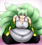  animal_humanoid belly better-with-salt big_belly breasts canine cleavage clothed clothing fox fox_humanoid green_hair hair humanoid mammal overweight 