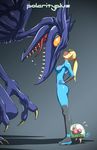  alien blonde_hair blue_eyes bodysuit breasts daniel_macgregor faceoff flying_sweatdrops from_side hands_on_hips height_difference hiding long_hair looking_down looking_up medium_breasts metroid metroid_(creature) orange_eyes out_of_frame ponytail revision ridley samus_aran size_difference skin_tight standing yellow_sclera zero_suit 