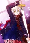  arm_up artoria_pendragon_(all) black_jacket blue_serafuku blue_shirt blue_skirt bow excalibur eyebrows_visible_through_hair fate/grand_order fate_(series) from_above garter_straps glasses hair_between_eyes heart holding holding_sword holding_weapon jacket jianmo_sl looking_at_viewer lying miniskirt mysterious_heroine_x_(alter) on_back open_clothes open_jacket parted_lips pleated_skirt red_bow red_scarf scarf school_uniform serafuku shirt short_hair silver_hair skirt solo sword thighhighs weapon yellow_eyes 